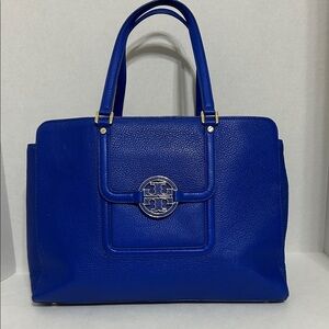 Tory Burch Royal Blue Pebbled Leather Tote with Logo Medallion